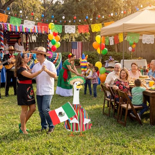 Abbylike Cinco De Mayo Porch Goose Outfit 4 Pcs Mexican Fiesta Yard Goose Costume for 23 Inch Cement Porch Geese, with Sombrero Beard Flag for Outdoor Garden Patio Statue Decor - style: Mexican Fiesta Beard