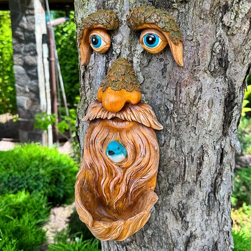 Mood Lab Tree Face Decor with Blue Bird Accent - Outdoor Old Man Face Decoration - Tree Garden Hugger - Yard Art Statue