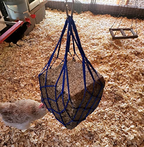 Blue Chicken Coop Flock Block Bird Seed Hanging Bag Veggie Treat Holder - Poultry Feeder Toy Accessories Cabbage Bowl Sack - Holds 25 lb Pound Bird Seed Blocks, Poultry Run Wildlife Feeder