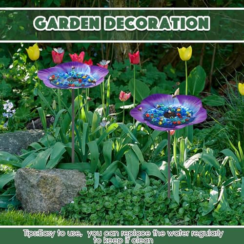 Tandefio 2 Pack Bee Watering Station Metal Butterfly Water Feeder Cup with 60 Colorful Glass Marble Vivid Flower Butterfly Bee Bath Bowl for Outdoor Garden Yard Decor(Blue Purple)