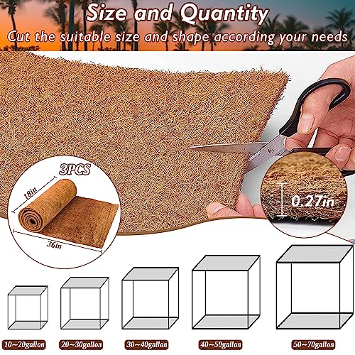 3 Rolls Reptile Carpet 18x36 Inch Coconut Fiber Mat for Tank Bedding | Natural Coconut Fiber Reptile Carpet Liner Flooring, Absorbent & Reusable For Bearded Dragons, Tortoises, Lizards & Geckos - size: 3 Pcs (18X36in)