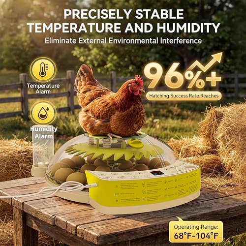 22 Egg Incubators for Hatching Eggs, Temperature & Humidity Control, LED Egg Candler, External Water Bottle Refill, 360° Clear View Window for Chicken Duck Pigeon