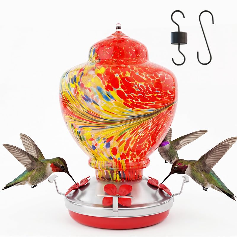 Hummingbird Feeder Colorful Blown Glass Outdoor Hummingbird Feeder with Ant Moat and 5 Feeding Ports for Outdoors Hanging Garden Decor, Bird Lovers (Red) - color: Red-Phoenix