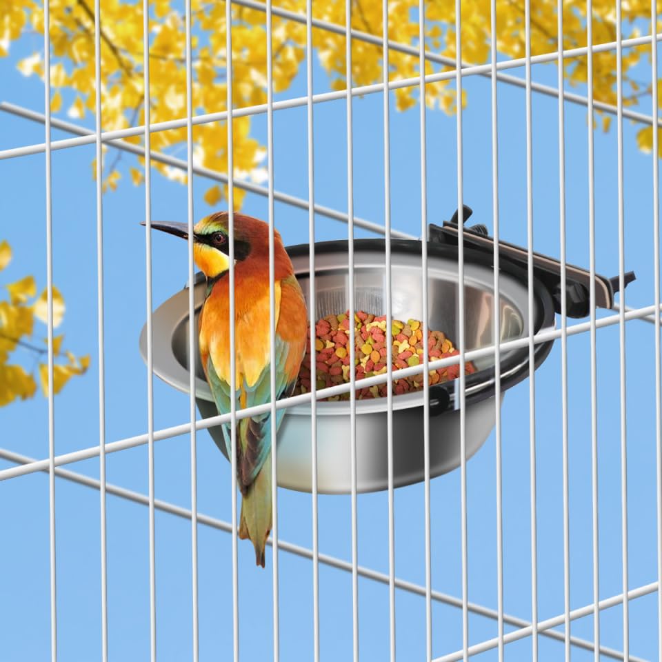 Small Bird Feeding Dish Cups 3.1In 12oz Stainless Steel Rust-Proof Parrot Cage Feeders with Clamp Holder Quick-Detach for Seed & Water, Fits Cockatiel Parakeet Macaw Finches Lovebirds
