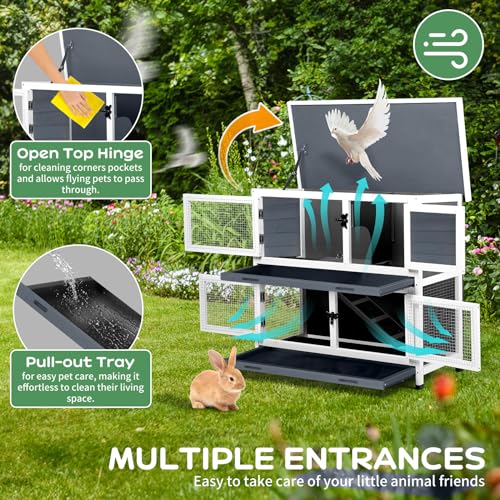 2 Story Solid Wood Rabbit/Bunny Hutch with 2 Large Main Rooms, Indoor Outdoor Rabbit House Guinea Pig Cage Pet House for Small Animals with Ventilation Door Removable Tray Waterproof Roof (Grey) - color: Grey