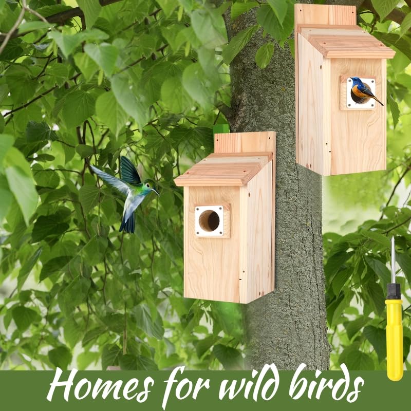 4-Pack Bird Houses for Outside with Metal Predator Guard, Birdhouses for Outdoors for Bluebird, Wren, Swallow, Finch - Natural Wood