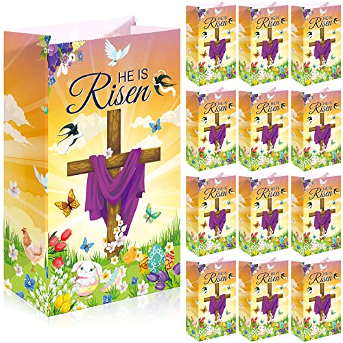 Gersoniel 28 Pack Easter He Is Risen Party Treat Bags Religious Easter Goodie Bags Paper Christian Candy Cookie Popcorn Pouch for Spring Theme Bible Church Egg Hunt Party Favors Supplies