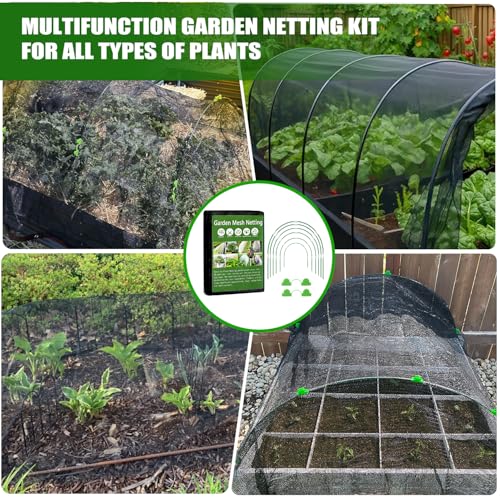 Garden Mesh Netting Kit, 10x30FT Black Ultra Fine Netting & 6 Sets 8FT Fiberglass Garden Hoops, Garden Netting with Frame for Raised Beds, Garden Hoops and Netting for Row Cover, Plant Insect Barrier - color: Black