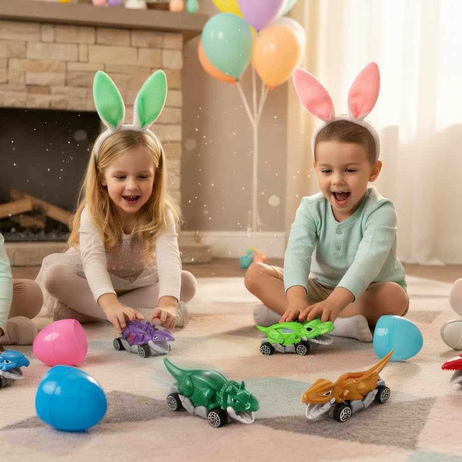 Holydeck 6 Pcs Prefilled Easter Eggs with Metal Dinosaur Car Toys Vehicles Set for Kids Girls Boys Easter Basket Stuffers Party Favors Easter Egg Fillers Hunt