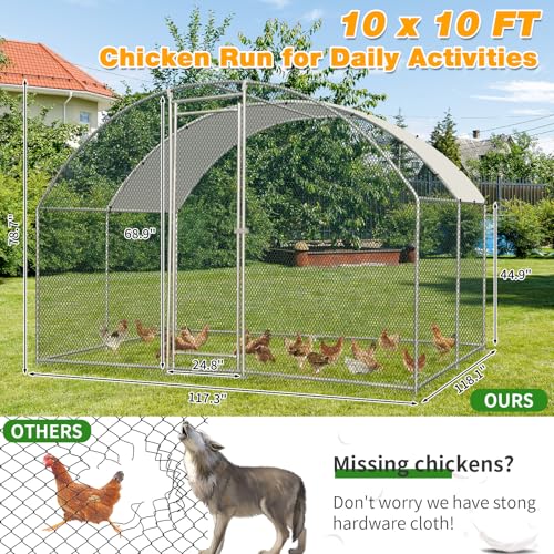 Outvita Large Metal Chicken Coop, 10×10FT Walk-in Poultry Cage | Waterproof & Anti-UV Round Arch Cover, Duck Rabbit Hen Cage Galvanized Mesh for Outdoor Yard Backyard and Farm - size: 120.0"L x 120.0"W x 78.0"H