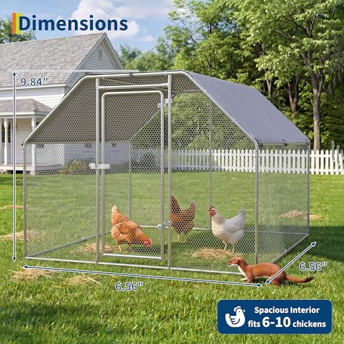 9.84×6.56×6.56 FT Large Chicken Coop, Metal Chicken Coop with Waterproof Cover, Spire Roof, Security Lock, Walk in Chicken Pen for Hen House, Duck Coop and Rabbit Run | Walk-in Chicken Pen with Waterproof Cover, Security Lock for Hen House, Duck Coop and