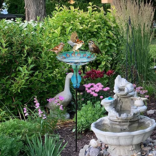 John's Studio Peacock Bird Bath for Outdoor - Glass Bowl Solar Light Cage Outside Dish Bird Feeder with Metal Stake for Garden, Yard and Patio - 32 inches - color: Peacock Stake