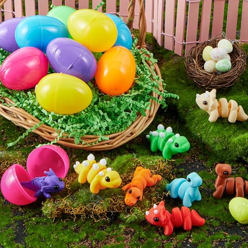 JOYIN 8 Pcs Prefilled Easter Eggs with 3D Printed Toys Mini Dinosaur, Articulated Toys, Basket Stuffers Fillers for Kids Party Favors, Stuffed Easter Egg, Classroom Prize Supplies(Age 8+)