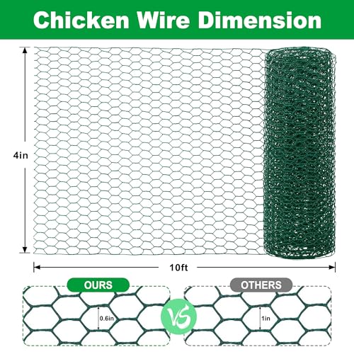 Chicken Poultry Wire Fencing,4inx10ft Vinyl Coated Hardware Cloth Rust-Resistant Hexagonal Mesh Roll with Snips/Gloves for Vegetable/Garden/Pets/Plants/Floral Netting - size: 4inx10ft/4inx118in