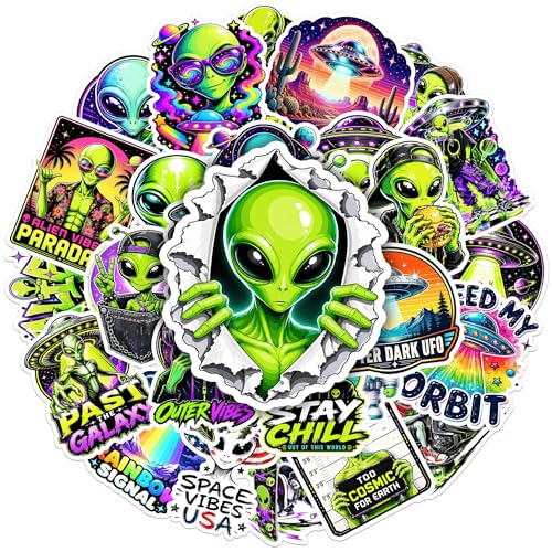 30PCS Alien Stickers for Teens Adults, Saucer Outer Space Sci Fi | Vinyl Waterproof Matte Decals for Laptop Water Bottle Skateboard Helmet Car - color: Alien 30 Stickers