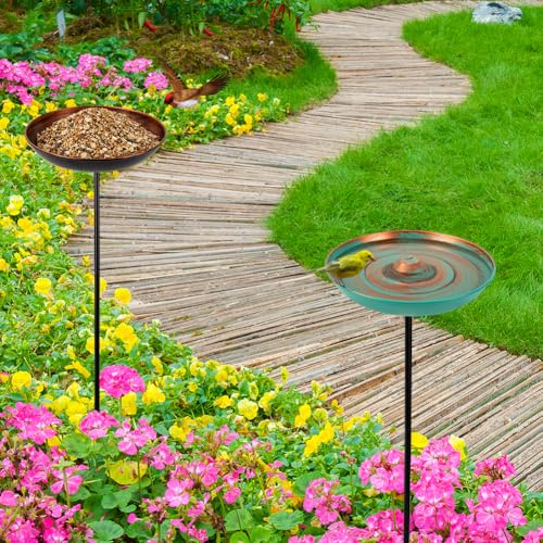 VEWOGARDEN 2 Pack Bird Bath for Outside Vintage Metal Bird Bath with Stake Outdoor Birdbath Set for Garden, Patio, Lawn Decor