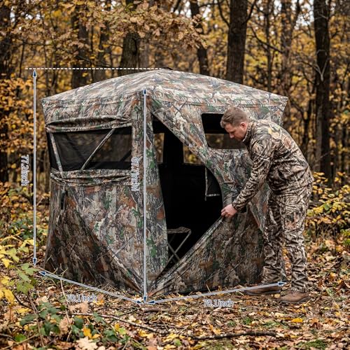Hunting Blinds with See Through Panels, Portable Hunting Tent for Turkey Deer Duck Hunting, Pop Up Ground Blind with Silent Windows, Camo Concealment, Weather-Resistant Outdoor Shelter w/Carry Bag - size: 71x71x78.74 Inch