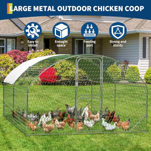 Garvee Large Metal Chicken Coop, 13.1 ft Metal Chicken Run with Waterproof UV Resistant Cover & Double Doors, Walk-in Poultry Coop for Yard