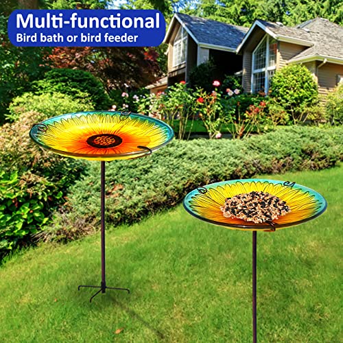 Glass Bird Bath for Outside, Standing Birdbath Yard Decor-Sunflower Yellow | Bird Bath, Sunflower Glass Birdbath Bowl Detachable, Bird Feeders with Metal Stake for Outdoors Garden Decor - color: Standing Sunflower Yellow