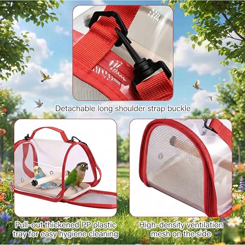 Red Small Bird Cage Travel Carrier with Perch – Portable Bird Backpack, Travel Bird Cage for Parakeets, Canaries, Budgies, Cockatiels and Love Birds, Pet Carrier for Vet Visits and Outdoor Use - color: Red