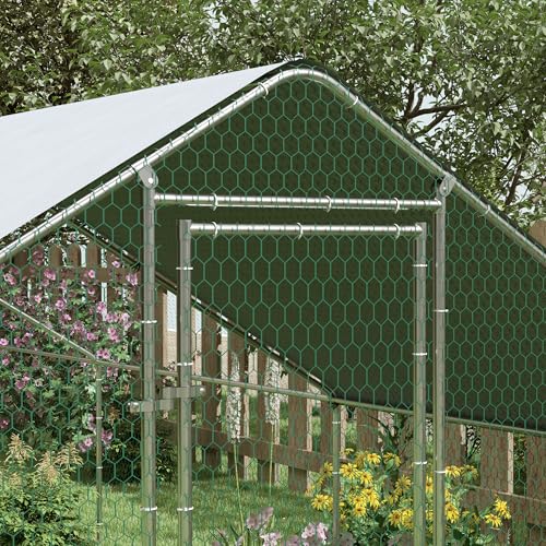 PawHut Large Chicken Coop w/Waterproof Anti-UV Cover 33' x 10' x 6.4' | Metal Chicken Run, Spire Shaped Walk in Hen House Cage for 30-40 Hens Ducks Poultry, Outdoor Yard Farm, 1" Tube Diameter - size: 393.7"L x 118.1"W x 76.8"H