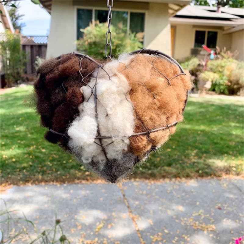 Bird Nesting Heart with Refillable Alpaca Fiber and Cotton Weather-Resistant Iron Frame Nesting Material Holder for Wild Birds Hummingbirds Garden Hanging Bird House Winter Shelter Decor Gift
