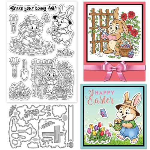 GLOBLELAND Cartoon Gardener Bunny Clear Stamps and Metal Die Cuts Spring Easter Rabbit Transparent Stamp Cute Animals Cutting Dies for Card Making Embossing Scrapbooking - style: Gardener Bunny