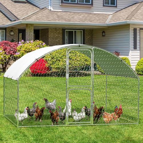 Large Metal Chicken Coop, Dome Shape Chicken Coop with Double Door, Chicken Run with Waterproof and Anti-UV Cover for Outdoor Farm Yard (6.5'L x 9.8'W x 6.6'H)