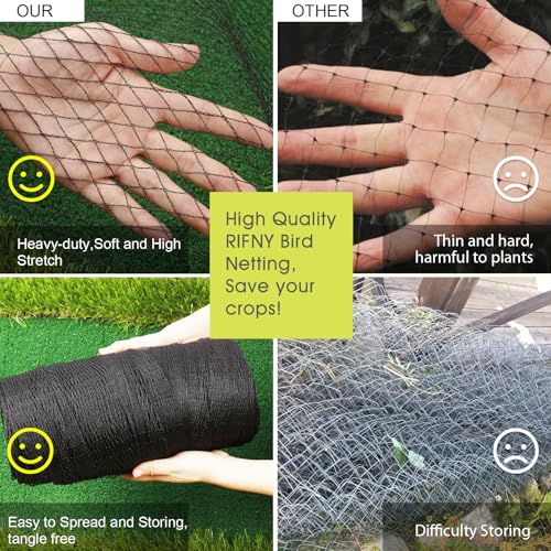 Bird Netting for Garden Protection, Anti Bird Mesh Garden Netting 49 x 49FT | RIFNY Heavy Duty Netting with Staples for Vegetable, Fruit Trees & Other Plants, Lasting Against Deer Squirrels and Poultry - size: 49 x 49 FT
