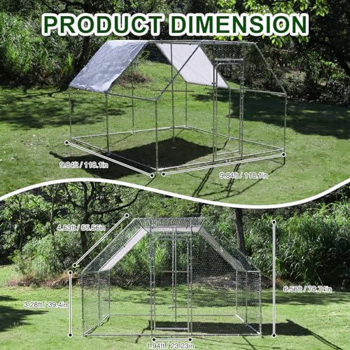 Large Metal Chicken Coop 9.8 x 9.8 x 6.6 ft Walk in Chicken Runs for Yard with Cover & Perch, Chicken House for Duck Rabbit, Chicken Pen for Outdoor Backyard - size: 118.1"L x 118.1"W x 78.7"H
