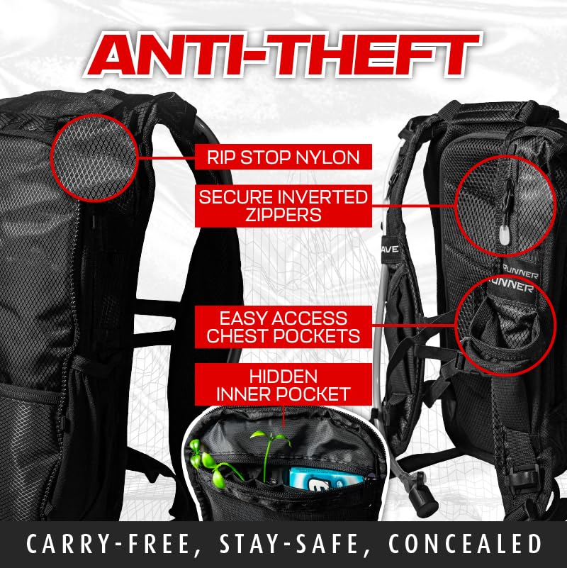RAVERUNNER® Anti-Theft Hydration Backpack | Festival Approved Rave Backpack for Concert Goers, Leak-Free Festival Water Backpack for EDC, Rave Hydration Pack - color: Black