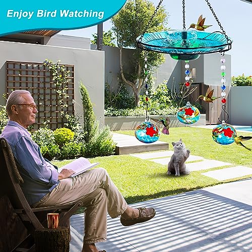 Hummingbird Feeder and Bird Bath for Outdoors 2-in-1 for Small Birds - Hummingbird Bath Fountain with 3 Red Feeder Pots - Hanging Solar Bird Bath Fountains NY1-FN04 - color: Blue