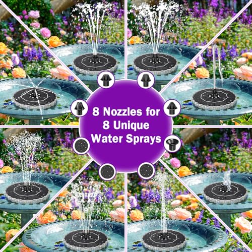 SZMP 3.5W Solar Fountain for Bird Bath with 2000mAh Battery & 3D Color Changing LED Light, Anti-Drift Fixer & 8 Nozzles, Solar Powered Water Fountain Kit for Garden, Patio, Pond (Colorful)