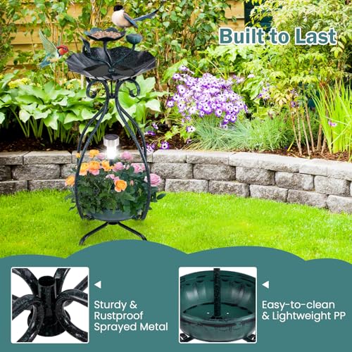 Giantex Bird Bath with Planter - Solar Lighted Bird Bath for Outside with Bird Feeder, Lotus Water Bowl for Bathing, Flower Planter with Drainage Holes, Standing Birdbath for Garden Yard (Green) - color: Green