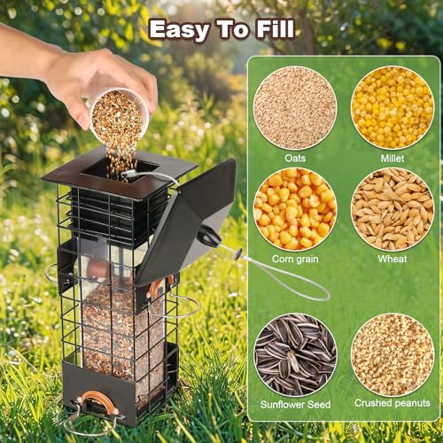 Squirrel Proof Bird Feeder, Hanging Feeder with Gravity Protection | 2.5 LB Large Capacity, Metal Feeders for Outdoors/Garden/Courtyard，4 Feeding Ports for Attract More Small Wild Birds, Black
