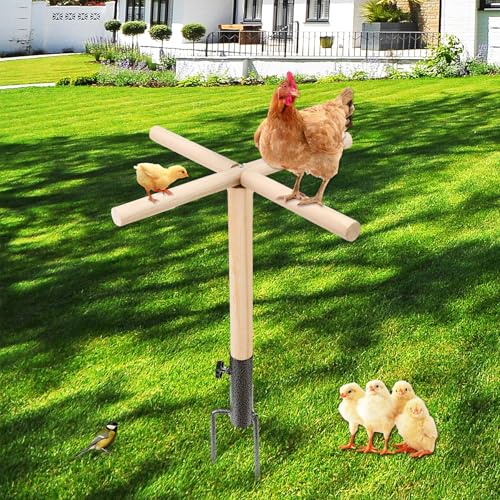 Chicken Perch Toys for Coop, Chick Perch Stand Wooden with Metal Ground Plug, Reusable Chicken Roosting Bar Ladder Backyard Playground Toys Suitable for Poultry Rooster Chicks Bird Parrot - size: 16.5*16.5 inchs