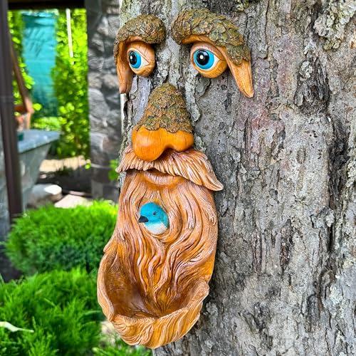 Mood Lab Tree Face Decor with Blue Bird Accent - Outdoor Old Man Face Decoration - Tree Garden Hugger - Yard Art Statue