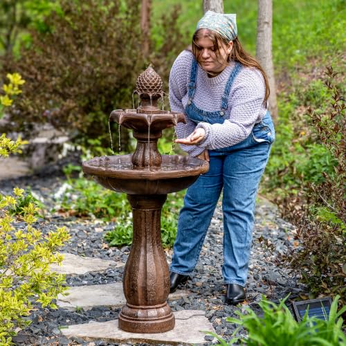 Sunnydaze 46" 2-Tier Solar Water Fountain, Pineapple Top, Rust Finish | Outdoor Solar Garden Fountain for Patio, Yard, Balcony, Easy Assembly, Calming Sound, Durable Polyresin, with Battery Backup - color: Rust