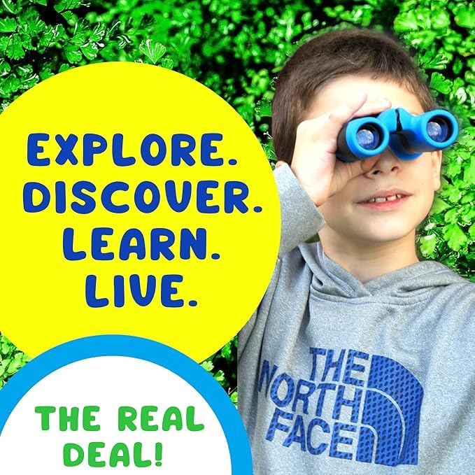 Kids Binoculars Ages 3-12, 8x21 Compact Shockproof Green | bird watching, camping, hiking, for boys and girls, includes carry case, neck strap, compass, carabiner, birthday gift - color: Green/Blue