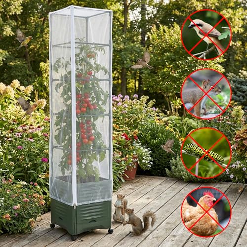 2 Pcs Garden Bird Netting Plant Cover for Square Tomato Cage, 78.7" x 21.6" Insect Bird Barrier Tomato Cage Net with Zipper & Drawstring, Tomato Trellis Netting Protection Cover for Protecting Plants - color: 2 Pcs, size: 78.7 x 21.6 inch