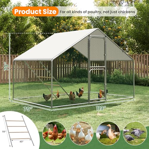 Metal Chicken Coops Walk-in Chicken Run with Waterproof Hardware Cloth Cover Poultry Cage with Split Double Door - color: Silver, size: 120.0"L x 79.0"W x 79.0"H