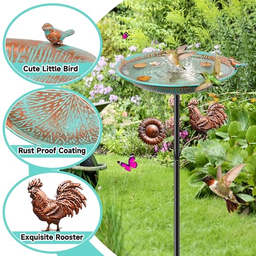 38" Metal Bird Bath for Outside, Vintage Garden Birdbath with Bird Statue, Freestanding Bird Bath Freeder with Sturdy 5 Prongs Base for Outdoors Patio Yard Lawn Decor (Retro Cyan) - color: Retro Cyan