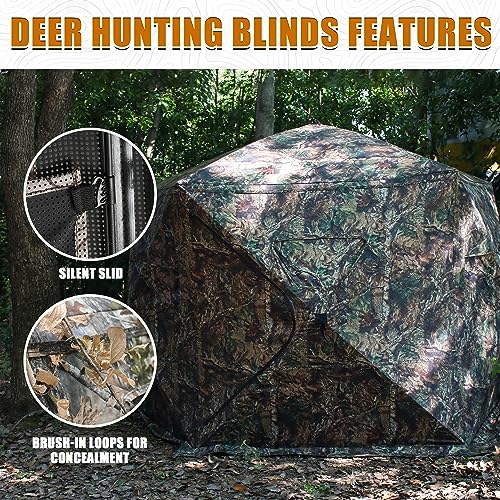 Extra Large Hunting Blind 4 Person with Portable Hunting Chair, 288 Degree See Through Pop up Ground Blinds for Deer Turkey Duck Hunting, Bow Hunting Adjust Windows with Silent Zipper - color: Green