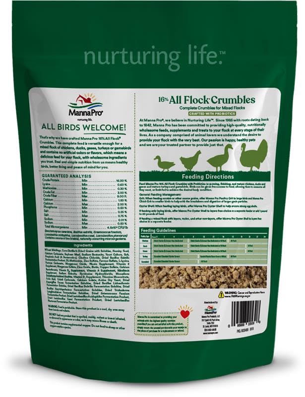 Manna Pro All Flock Crumbles with Probiotics, Chicken & Duck Food, 8 lb Bag | Complete Feed for Mixed Flocks, 16% Protein, Chicken & Duck Feed, Added Probiotics for Digestion, Easy-to-Eat Crumbles - size: 8 Pound (Pack of 1)