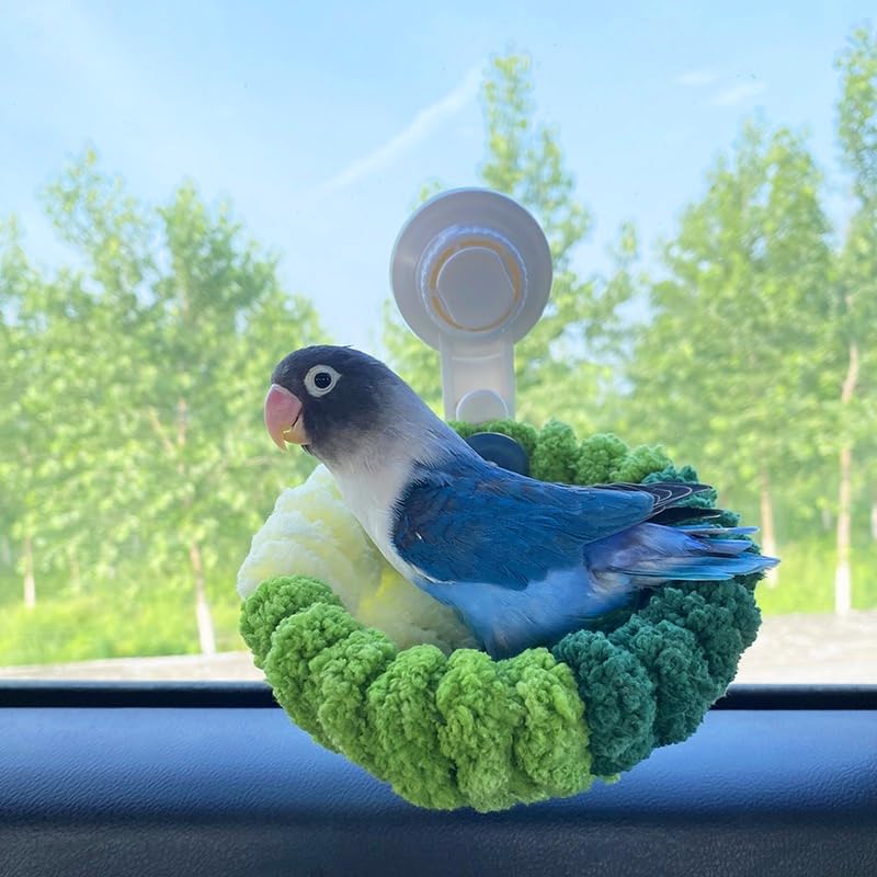 Portable Suction Cup Bird Perch Nest for Travel Car Window Glass, Warm Bird Sleeping hut Snuggle Bed for cage (Green Combo, L) - size: L