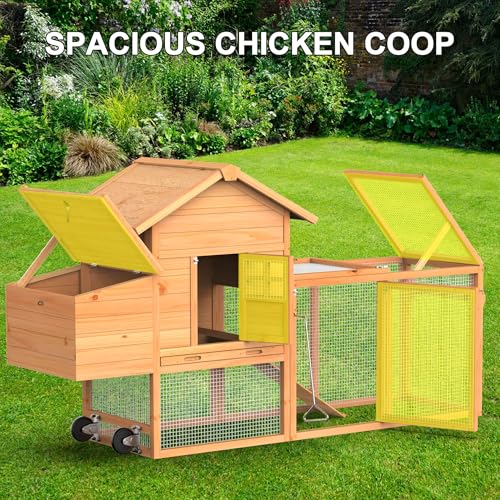 GOJOOASIS Portable Chicken Coop with Wheels & Handrail, Weatherproof Wooden Hen House, Removable Tray & Nesting Box, Ideal for Chickens, Ducks, Rabbits & Small Animals (80" Wood Top with Wheel)