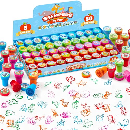 JOYIN 50 Pcs Animal Stamps for Kids, with 50 Different Designs, Farm,Sea Animals,Stamps for Crafting, Prize Box Toys for Classroom, Kids Party Favor, Birthday Party Favor Goodie Bag - style: Animal