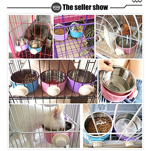 Crate Dog Bowl Removable Stainless Steel Water Food Feeder Bowls Cage Coop Cup for Cat Puppy Bird Pets (Large, Pink) - color: Pink, size: Large