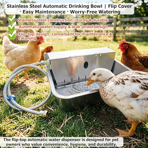 Stainless Steel Automatic Pet Waterer with Flip-Top & Wall Mount | Outdoor Auto-Fill Water Bowl with Adjustable Float,Wide Drinking Area,Easy To Clean,for Dogs,Chickens & Other Poultry - size: Large-Flip cover