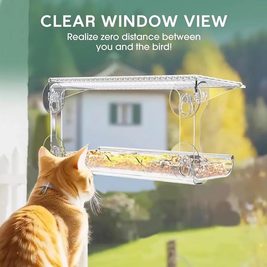 Window Bird Feeder for Outdoors with Large Feeding Trays, Clear Window Mounted Bird House with Strong Suction Cups, Weatherproof Watching Station for Garden